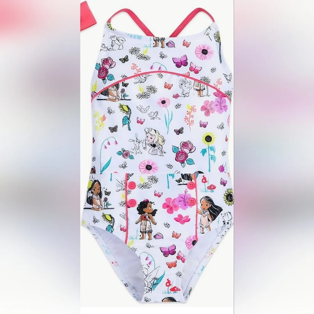 Authentic Disney Animators Collection Kids Swim One Piece - White and Pink